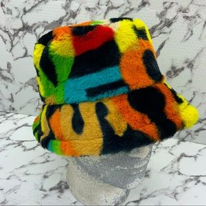 Men Women Black Multicolor Fisherman Letter Fluffy Faux Fur Warm Bucket Hat